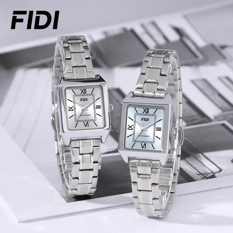 FIDI Womens Square Quartz Watch Silver Stainless Steel Band 3ATM Waterproof Roman Numeral Dial Elegant Ladies Wrist Watch