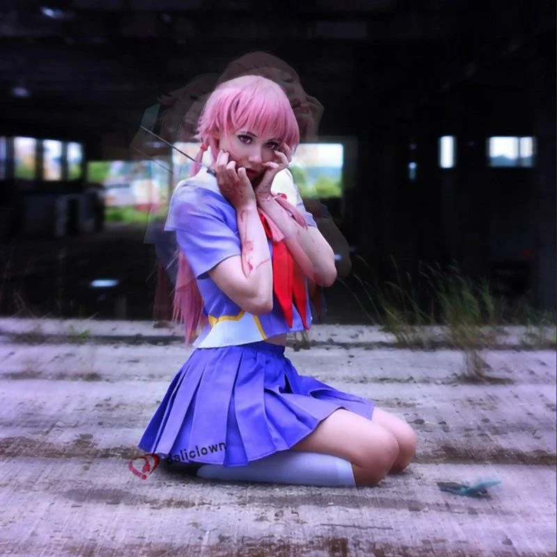 Anime Future Diary Yuno Gasai Mirai Nikki School Uniform Sailor Suit Cosplay Costume Wig