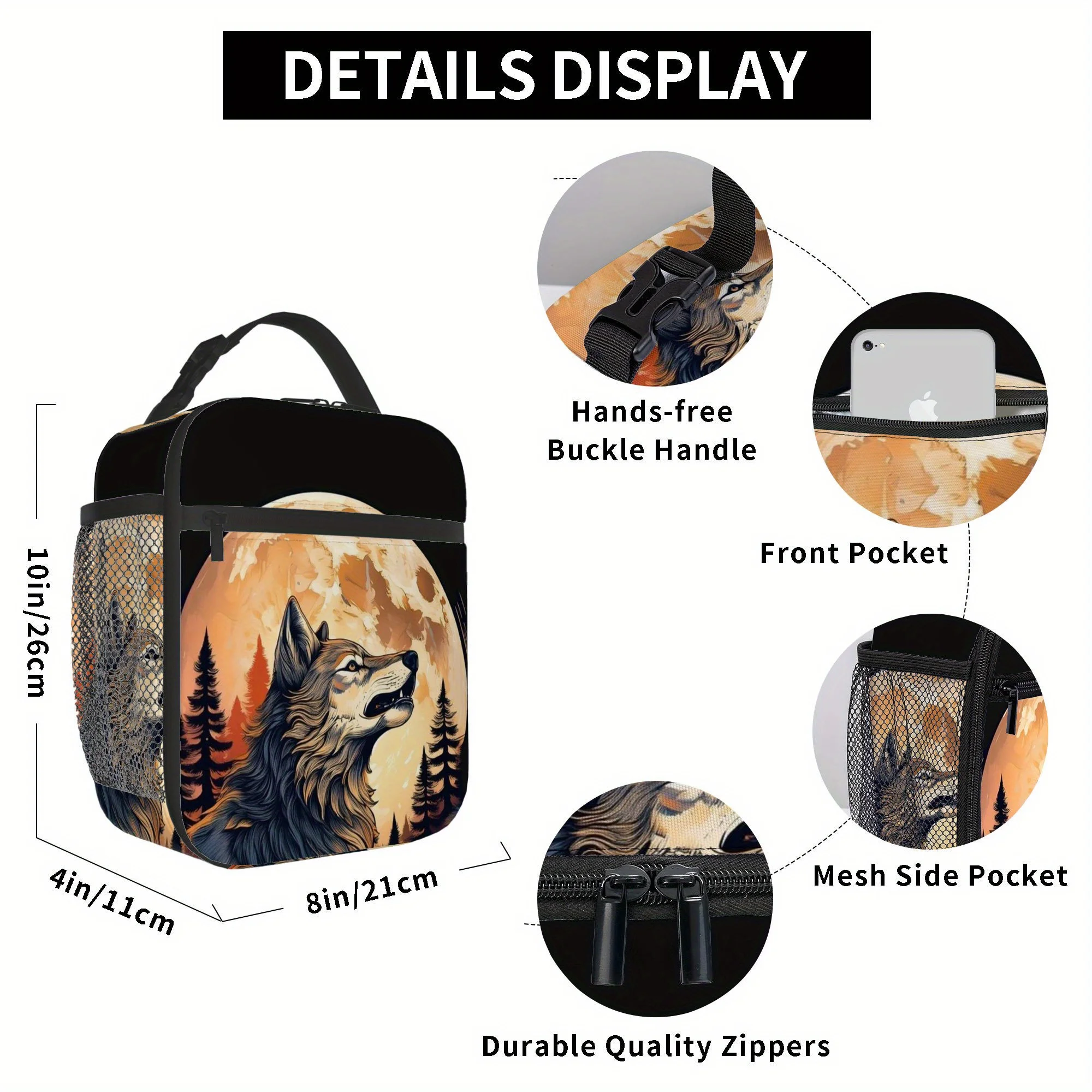 Thermal Bag Featuring a Wolf Howling at a Full Moon, Designed for Insulation. This Bag Is Not Intended for Food Contact