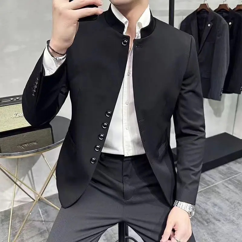 2-A17  New Chinese style suit men's jacket, high-end, handsome, stand-up collar suuy casual, high-end collarless youth tunic s