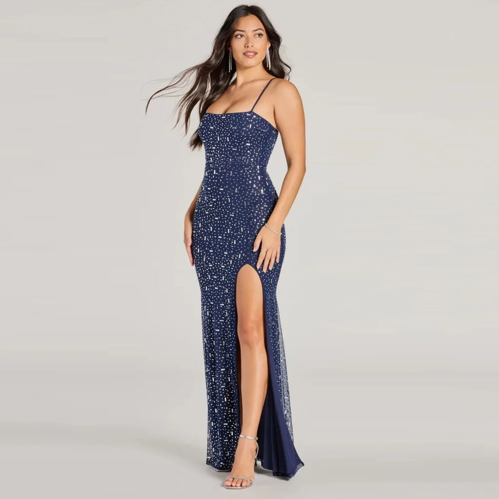 Light Luxury Nightclub Party Sexy Suspender Dress Spring and Summer New Women Fashion Bright Diamond Side Slit Hip Hugging Dress