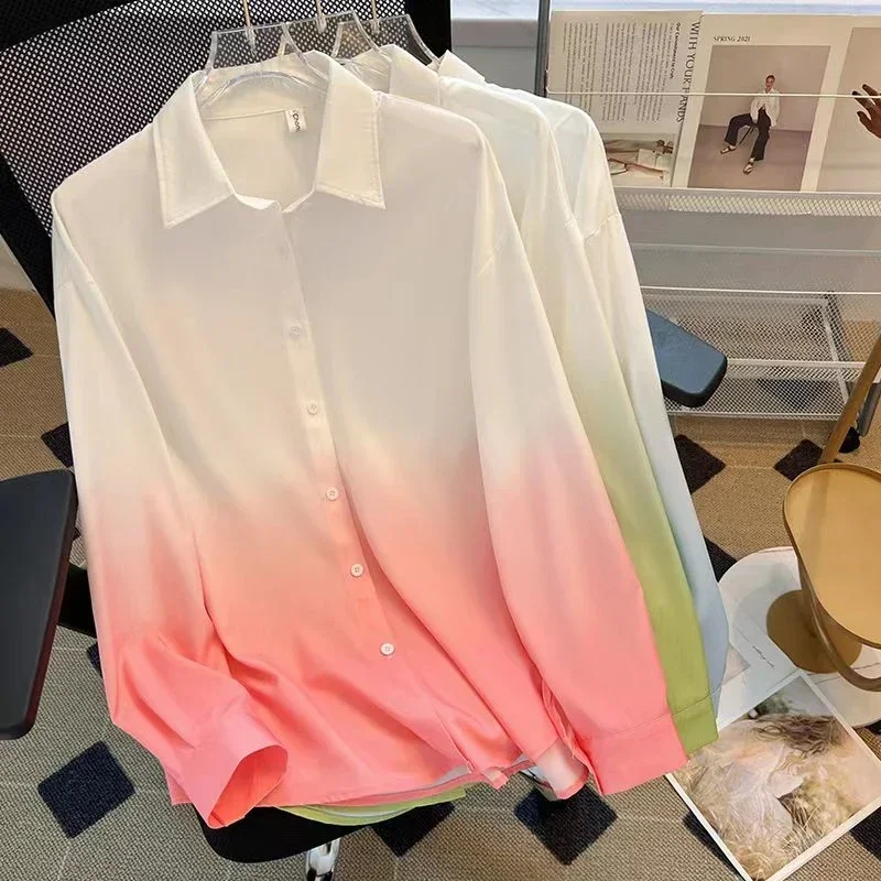 Vintage Korean Fasion Gradient Blouse Office Women New Long Sleeve White Simple Shirt 2023 Spring and Autumn Loose Tops 30081