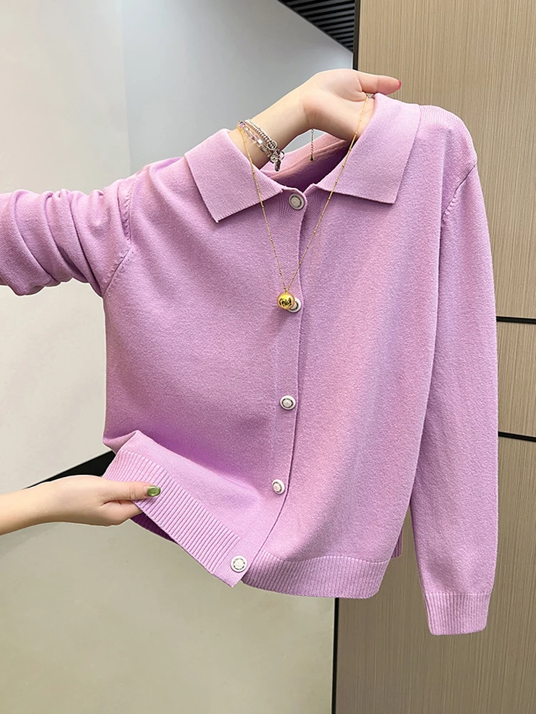 

Spring Autumn Lapel Knitted Cardigan Solid Purple Sweaters Casual Coat Women Fashion Casual All-match Tops Mujer