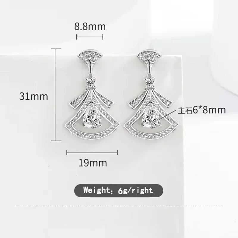 Exquisite Diamond-Set Fan-Shaped 925 Sterling Silver Earrings. Women's Geometric Zirconia Pierced Ear Stud Pendant Jewelry Gift.