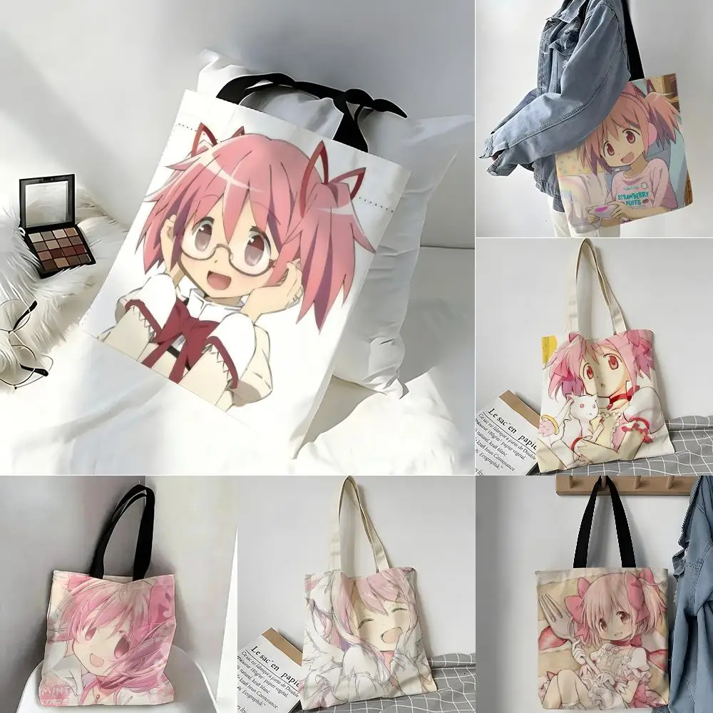 Storage Bags Casual Portable Shoulder Bag Lightweight Shopping Bag Reusable Linen Bag Anime M-Madoka Magica Cartoon