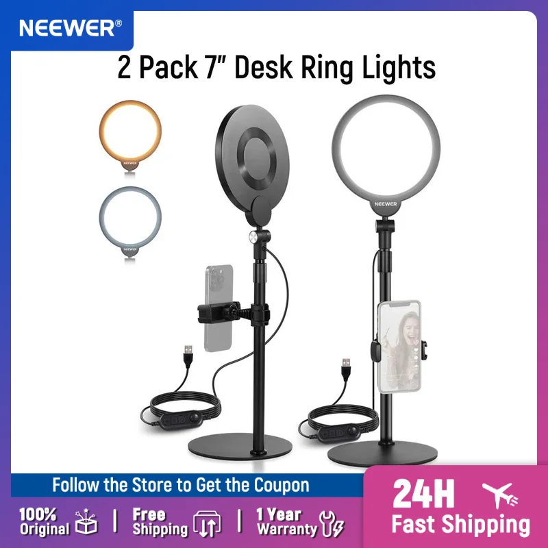 

NEEWER Basics 2 Pack 7" Desk Ring Lights for Video Recording, 10W Dimmable Full Screen Key Lighting with Stands & Phone Holders