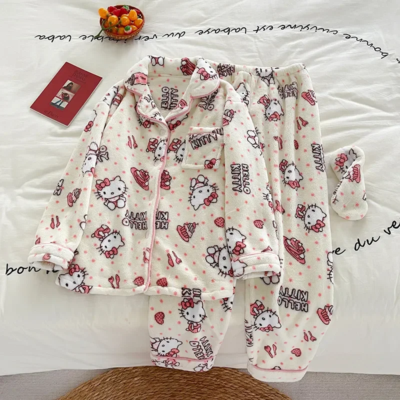 New Sanrio Hello Kitty Kawaii Pajamas Set Women Autumn Winter Plush Warm Sleepwear Cute Clothes Long Sleeve Thick Home Suit Tops