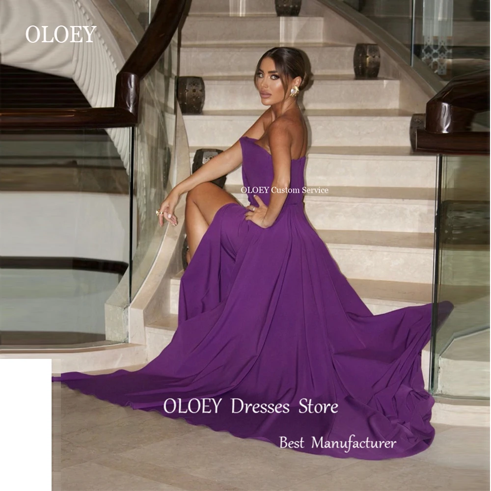 OLOEY Purple Chiffon Arabic Women Evening Dresses Strapless Split Floor Length Sexy Dubai Prom Gowns Long Formal Wedding Party