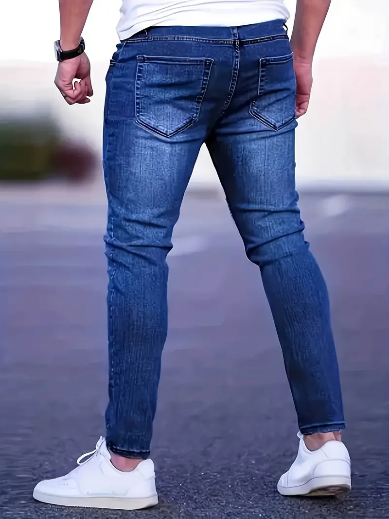Men's Slim Fit Stretch Denim Jeans with Ripped Detail & Contrast Stitching, Fashion Streetwear Casual Trousers for Daily Wear view 2
