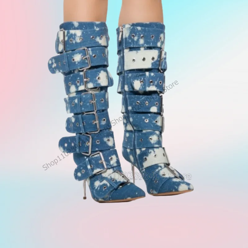 Blue Denim Graffiti Design Buckle Decor Pointed Toe Boots Slip On Women Shoes Thin High Heels Fashion 2023 Zapatos Para Mujere