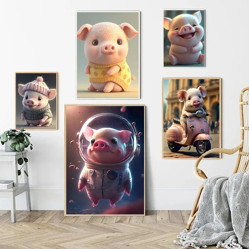 Lovely Pink Pig Canvas Poster Cute Baby Animal Wall Art Picture for Living Room Bedroom Playroom Club Bar Modern Home Decor G