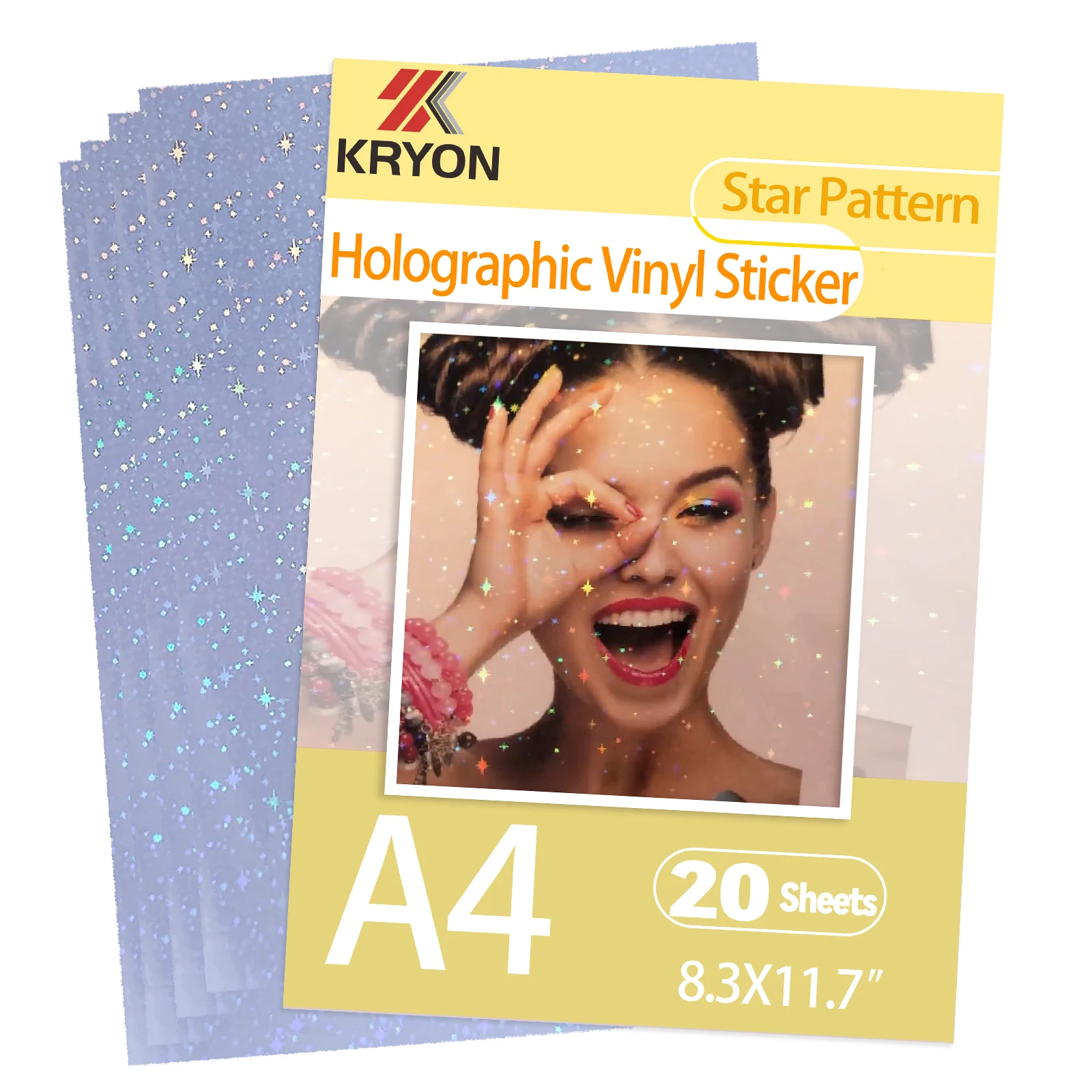 KRYON A4 20 hojas Tamaño del patrón de estrella: 8,3x11,7 pulgadas 210x297 mm Papel adhesivo holográfico Película de laminación en frío transparente con purpurina