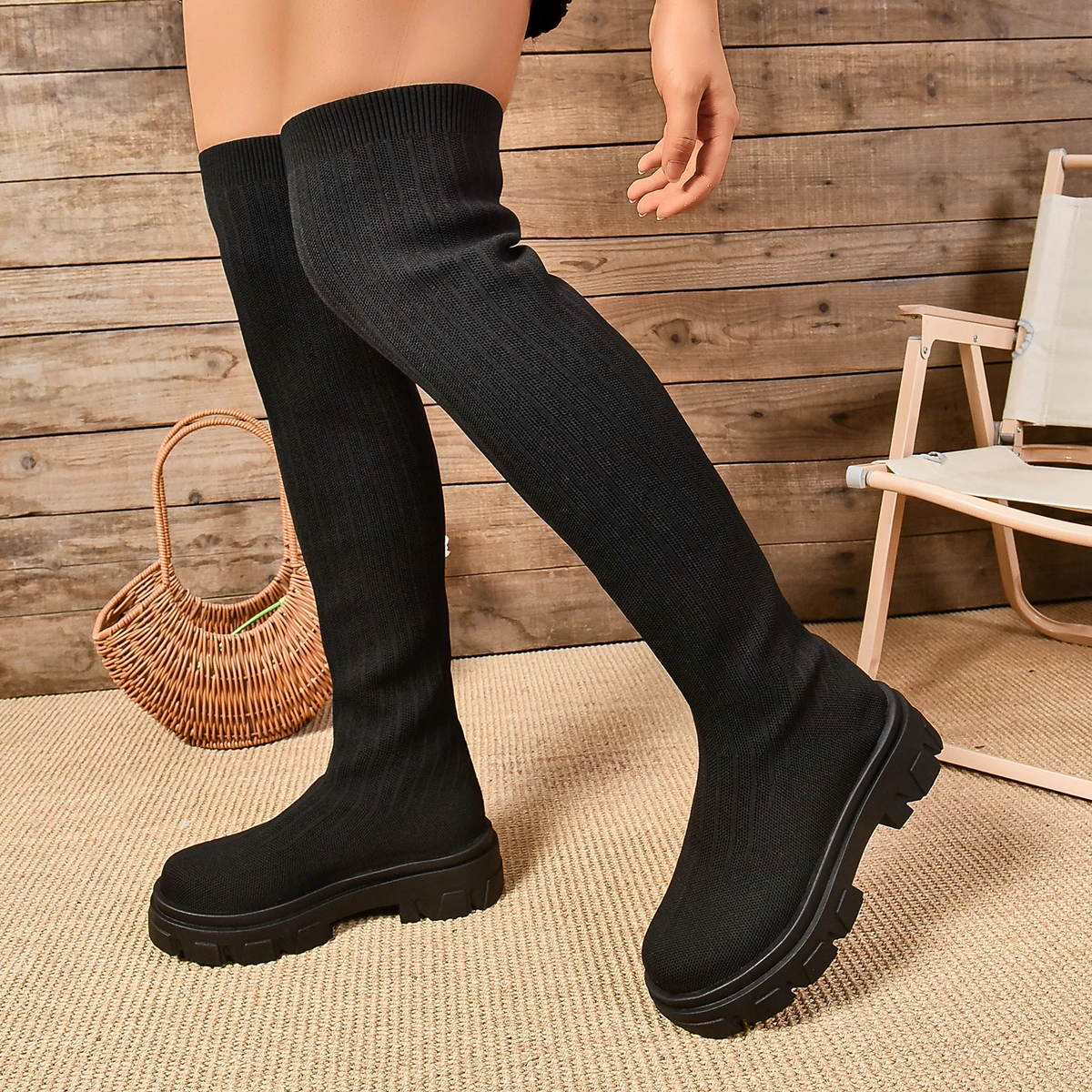 Frauen Stiefel Neue Dicke Sohle Gestrickte Lange Socken Stiefel Frauen Mode Elastische Runde Kappe Low Heels Schuhe für Frauen Über Knie Stiefel