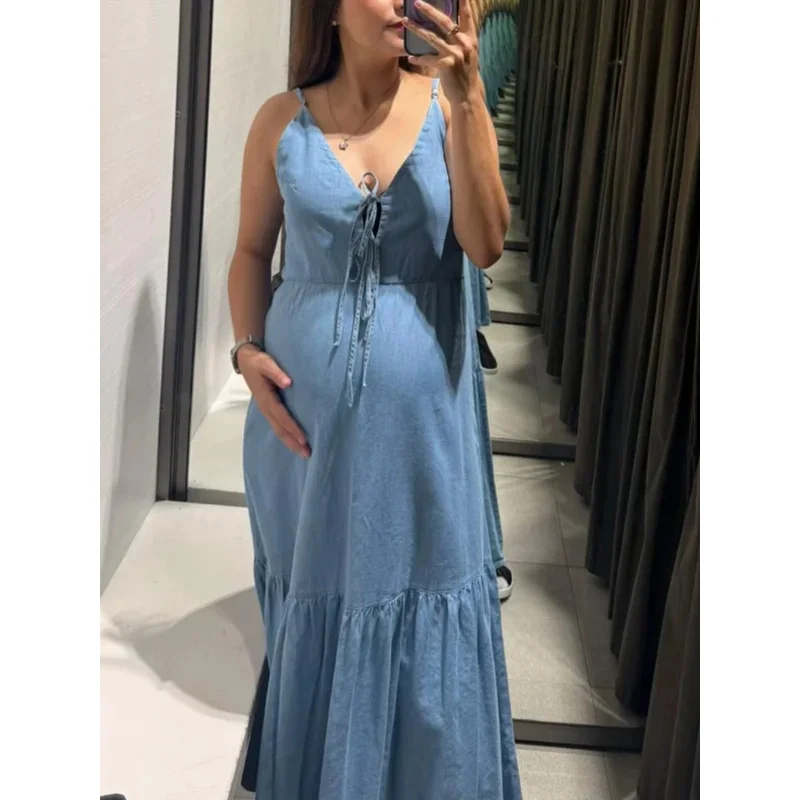 Robe caraco en jean bleu clair pour femmes, Sexy, avec cravate sur le devant, découpe au dos, ourlet à volants, pour l'été, la plage, les vacances, la mode