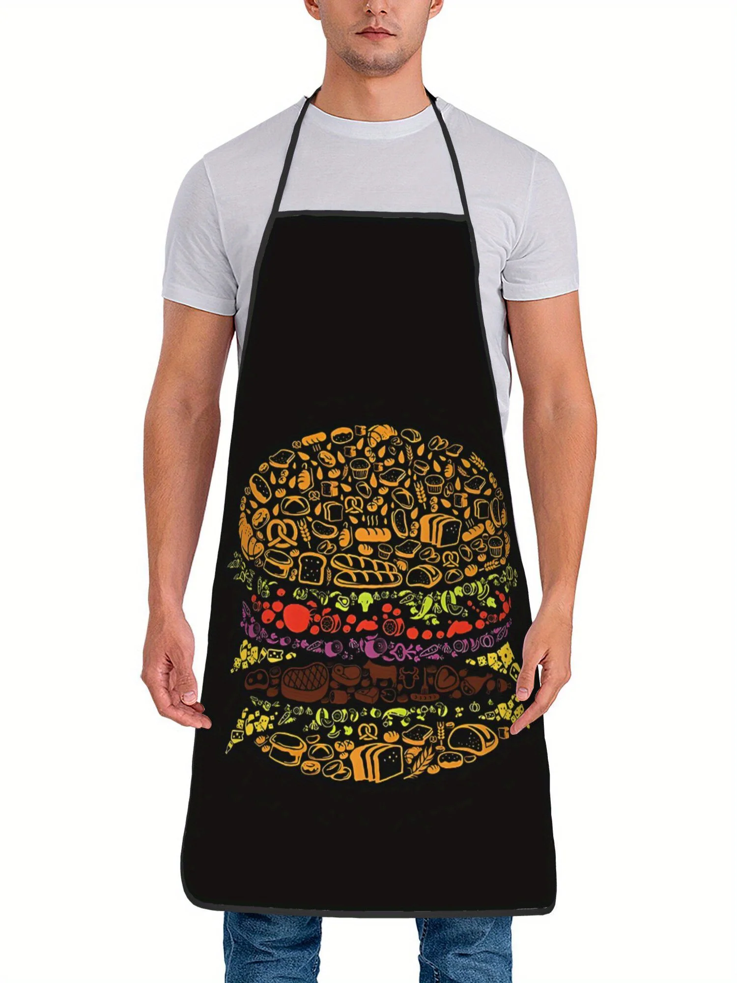 Vintage-Style Hamburger Print Apron for Cooking and Restaurant Use - Black Polyester Fabric with Fun Food Illustration