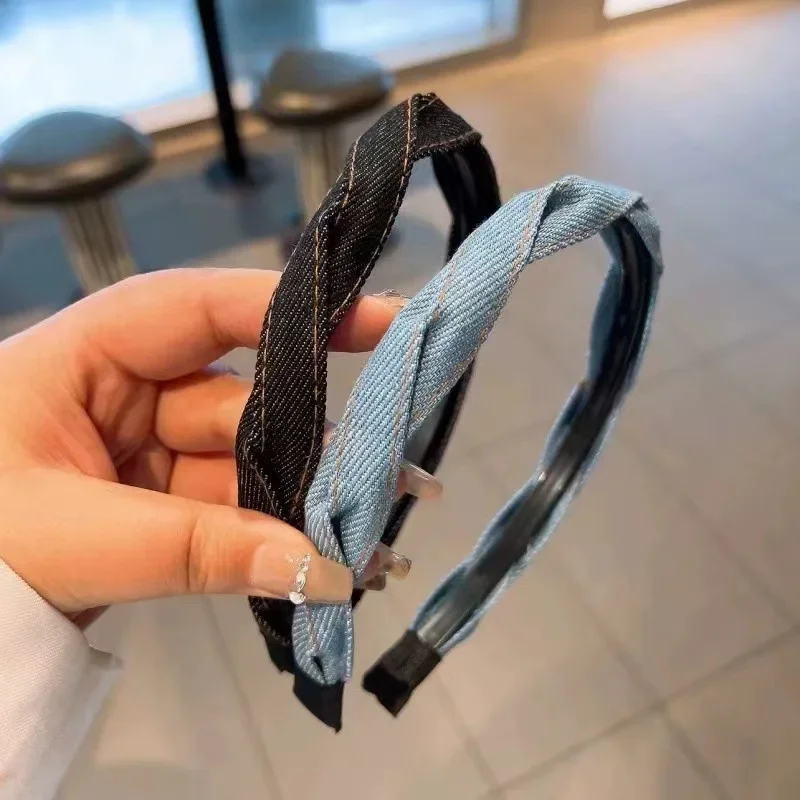 

Vintage Denim Headband Braided Design Non-Slip Grip Thin Style for Women Girls Daily Casual Hair Accessories Headband