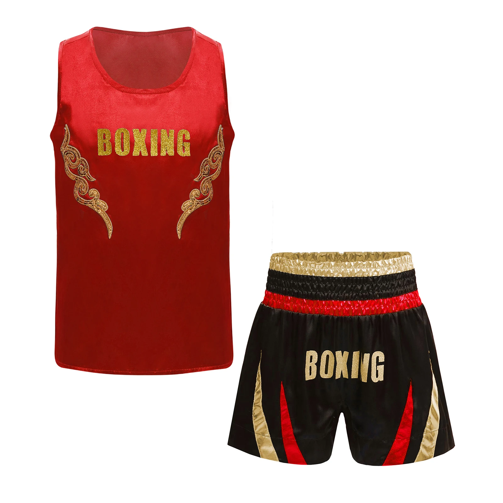 Kids Boys Sequin Boxing Jerseys Vest Sleeveless Tank Top Fighting Competition Boxer Shorts for Training Muay Thai Rash Guard