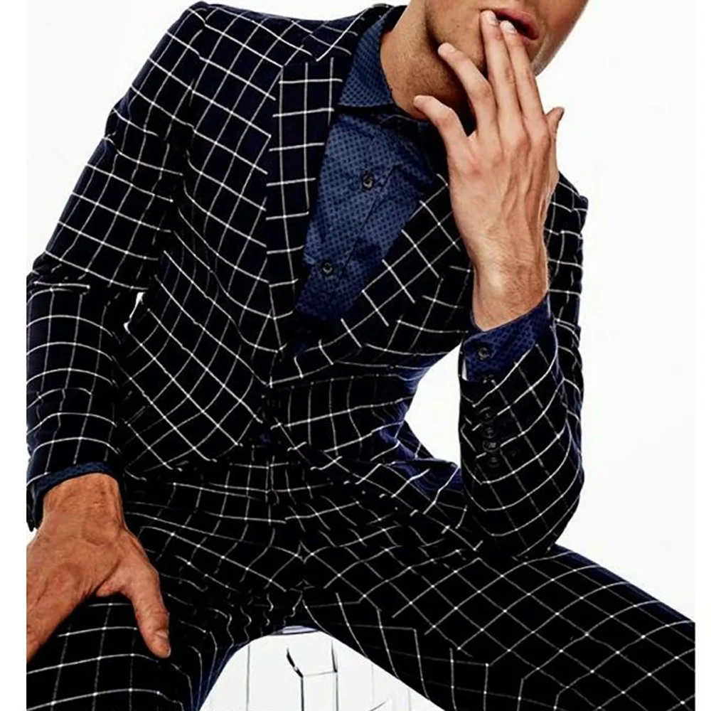 

Black Plaid Men's Suits 2 Pieces Jacket Pants Travel Daily Casual Boutique High Quality Male Clothing