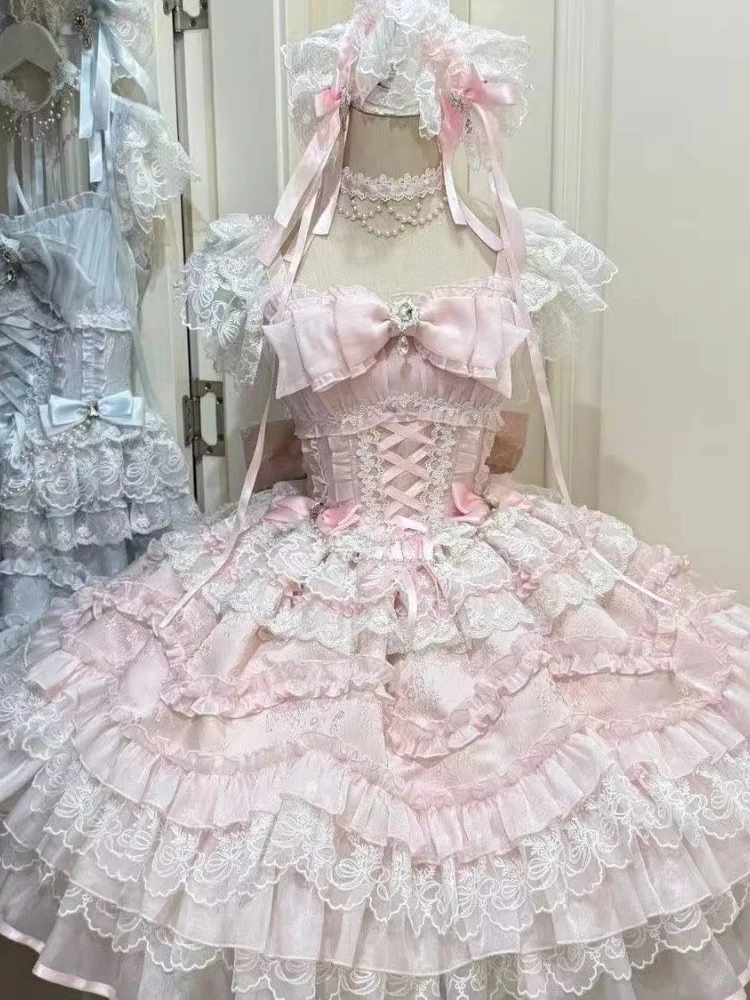 2026 Damen Lolita Bandage-Kuchenkleid Y2K Japanisches Kawaii-Spitzen-Schleifenkleid mit Spaghettiträgern Vintage Harajuku Mode-Outfit