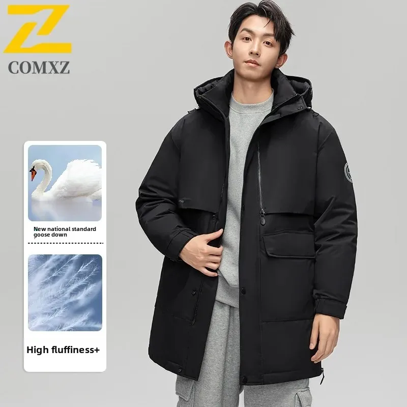 

COMXZ Men 2025 Winter Long Down Jacket Luxury Goose Down Korean Style Lightweight Filled Coats Outdoor Cold Resistant Coats