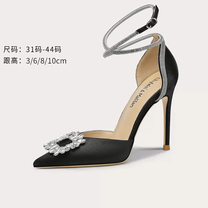 

Spring and Summer New Pointed Rhinestone Silk Lace Sandals Slim High Heels Banquet Dress Large and Small Women's Single Shoes
