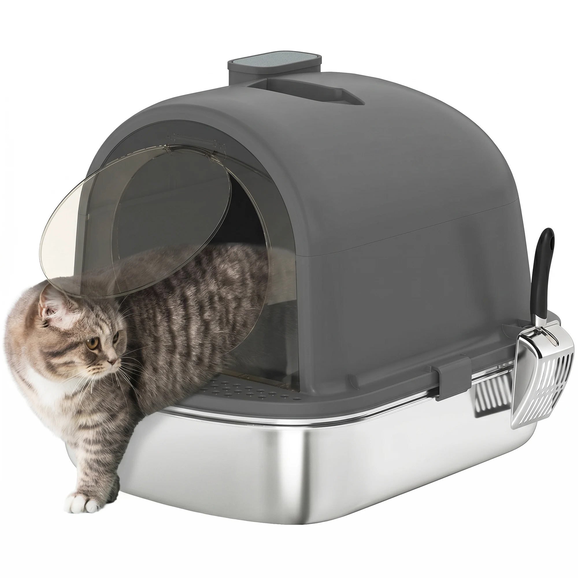PawHut Arenero para Gatos Cubierto de Acero Inoxidable, Caja de Arena para Gatos, Arenero con Bolsa Desodorizante, Pala, Control de Olores, Antiadherente y Fácil de Limpiar, Gris Oscuro