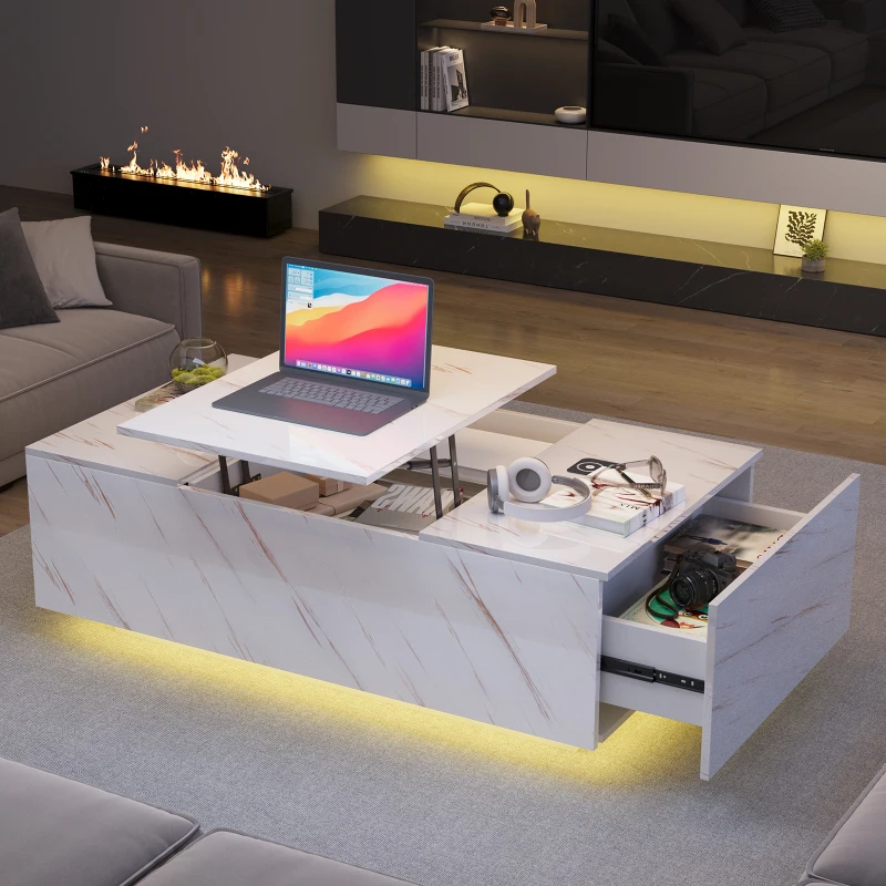 Lift-Top Couchtisch mit Stauraum, 24-Farben-LED-Beleuchtung, Kabellosem Laden und Bluetooth-Lautsprecher für Wohnzimmer, Weiß