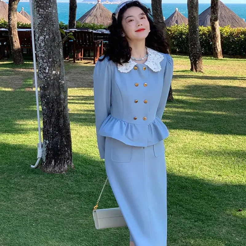

Korea 2 Pieces Set Hepburn Style Retro Crop Top Hip Skirt Women'S Spring Waist Slim Skirt Peter Collar Temperament Suit