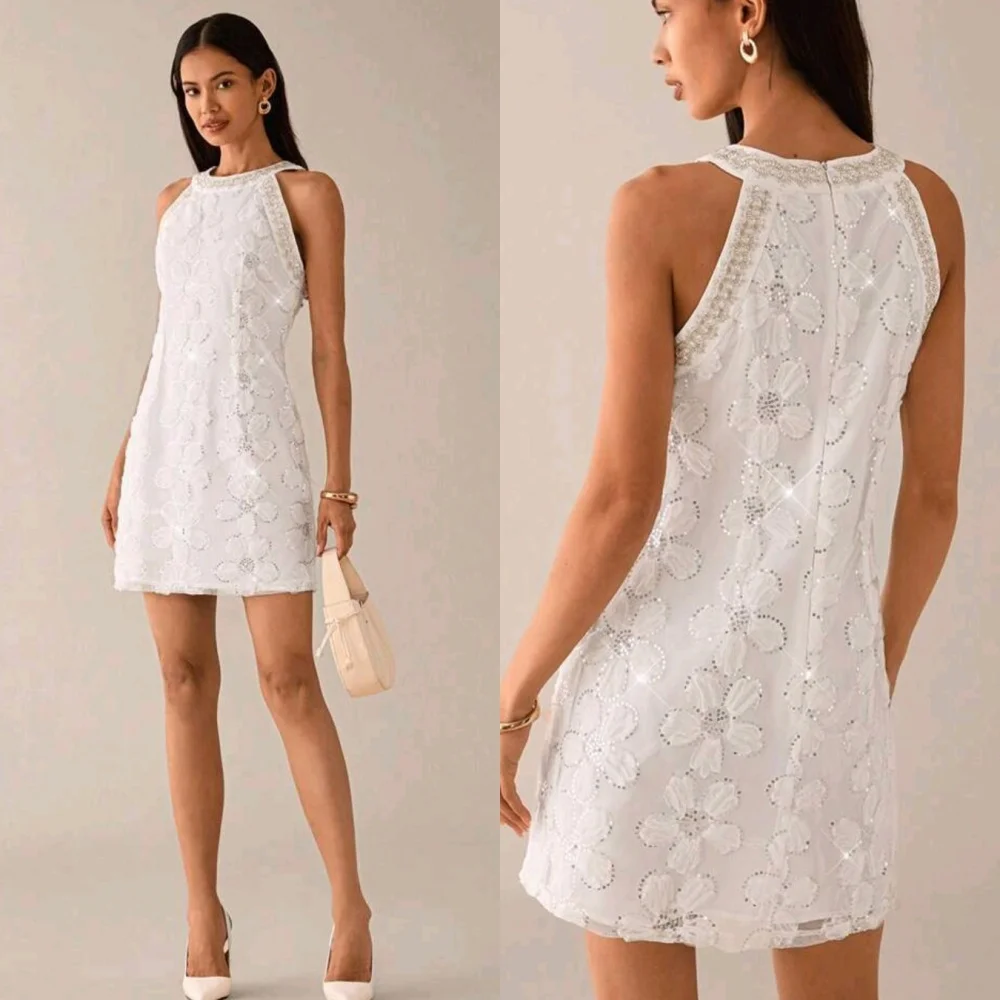

Customized High Quality Matching Jersey Sequined Beading A-line Scoop Neck Mini Dresses Bespoke Occasion Dresses Modern Style