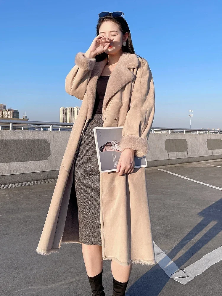 Real Fur Coat Women Winter Natural Goat Fur Coats Femme Mink Fur Collar Long Coat Nine Points Sleeve Jacket Winterjas Dames 2024