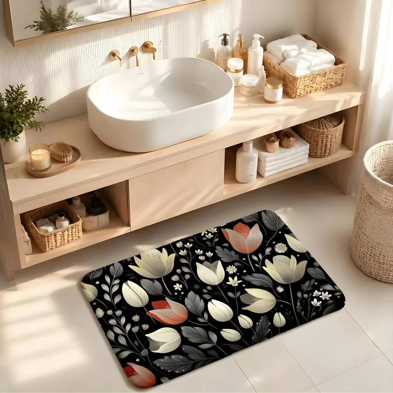 Bath Mat Flannel Sponge Vintage Tulip Floral Pattern On Black Background For Bathroom