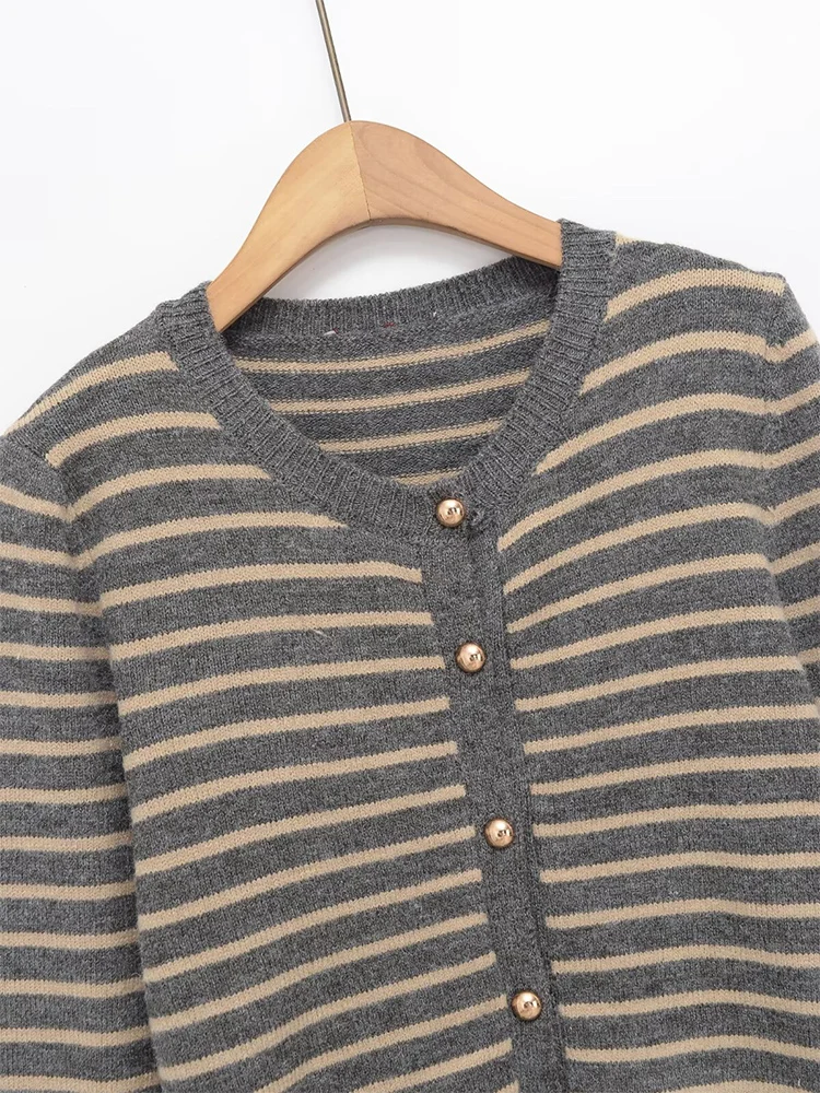 European style new women's fashion versatile temperament striped round neck knitted cardigan sweater jacket
