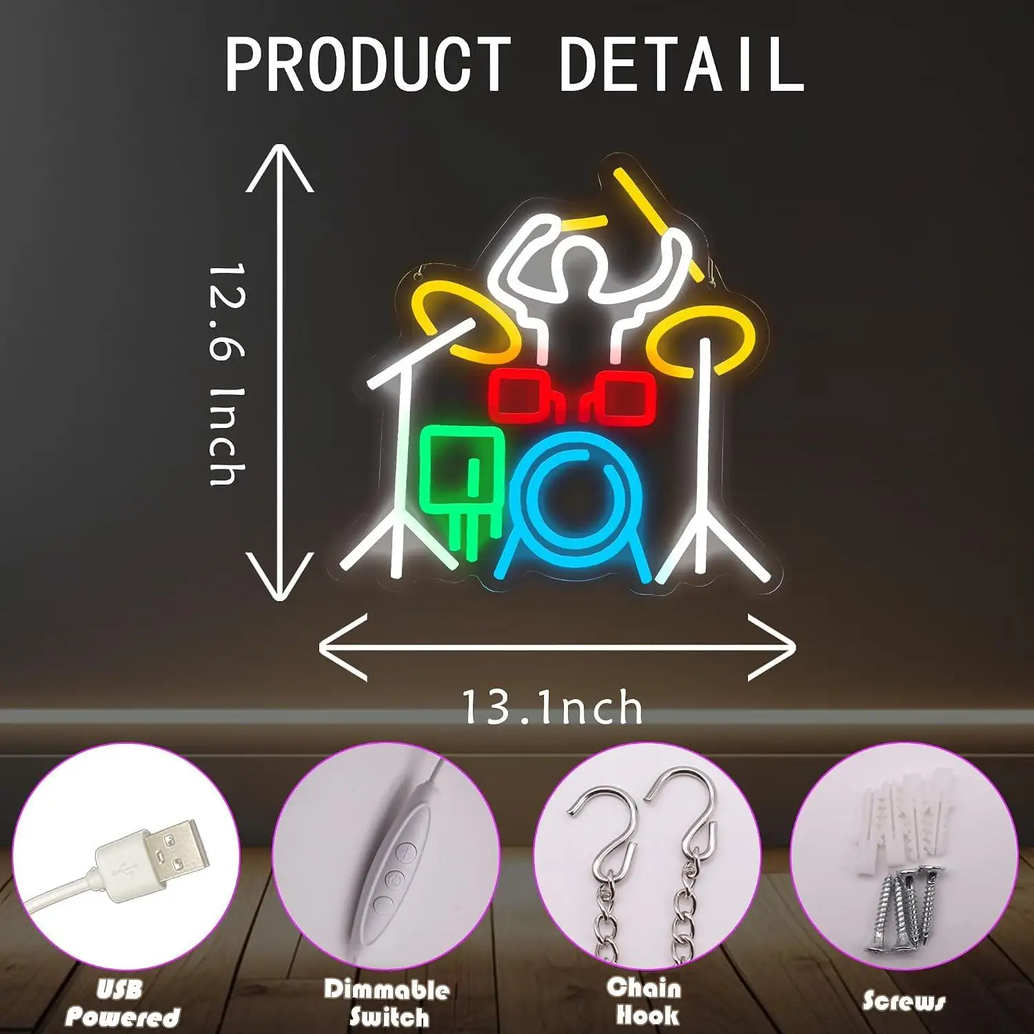 Drummer Drum Set Neon Sign USB Dimmable LED Lights For Music Room Bar Gameroom Bedroom Party Wall Art Decoration Special Gift