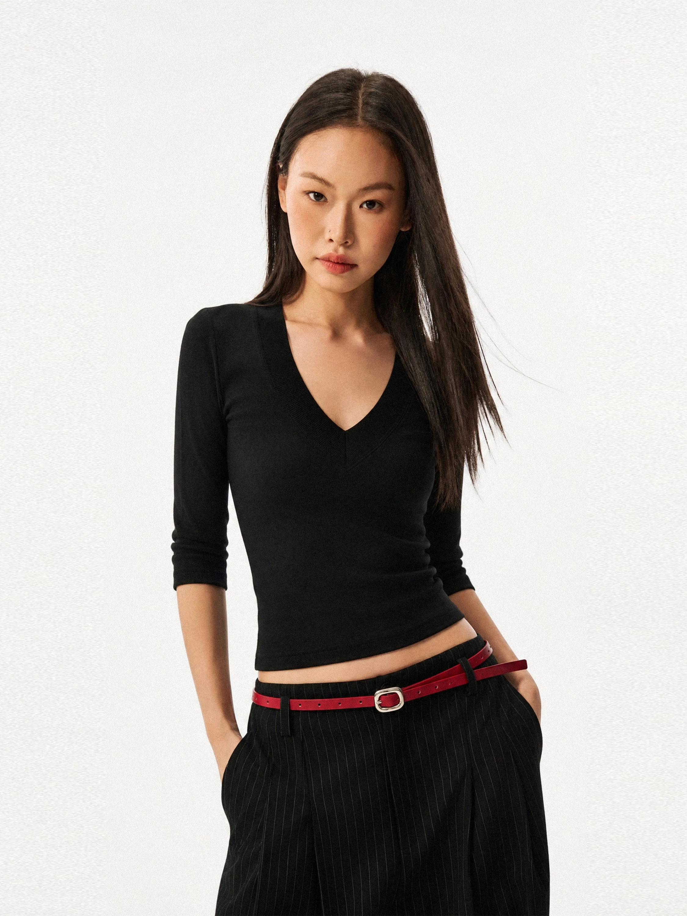 Slim Fit American Style V-Neck Short Sleeve T-Shirt Women's Pure Color Casual Fashion Autumn New Style GO GO BURN Top