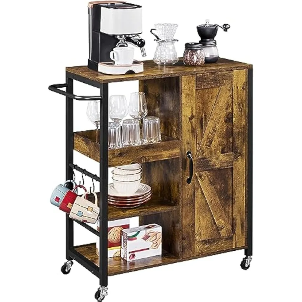 

Kitchen Island Cart on Wheels, Rolling Serving Utility Trolley Cart with Storage Cabinet & Adjustable Shelves, Coffee Cart with