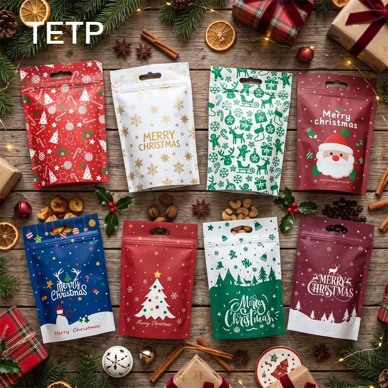 TETP Xmas Cartoon Self‑Sealing Zipper Bag Christmas Food Packaging Pouches For Snowflake Crisp Candy Biscuit Snack Holiday Trea