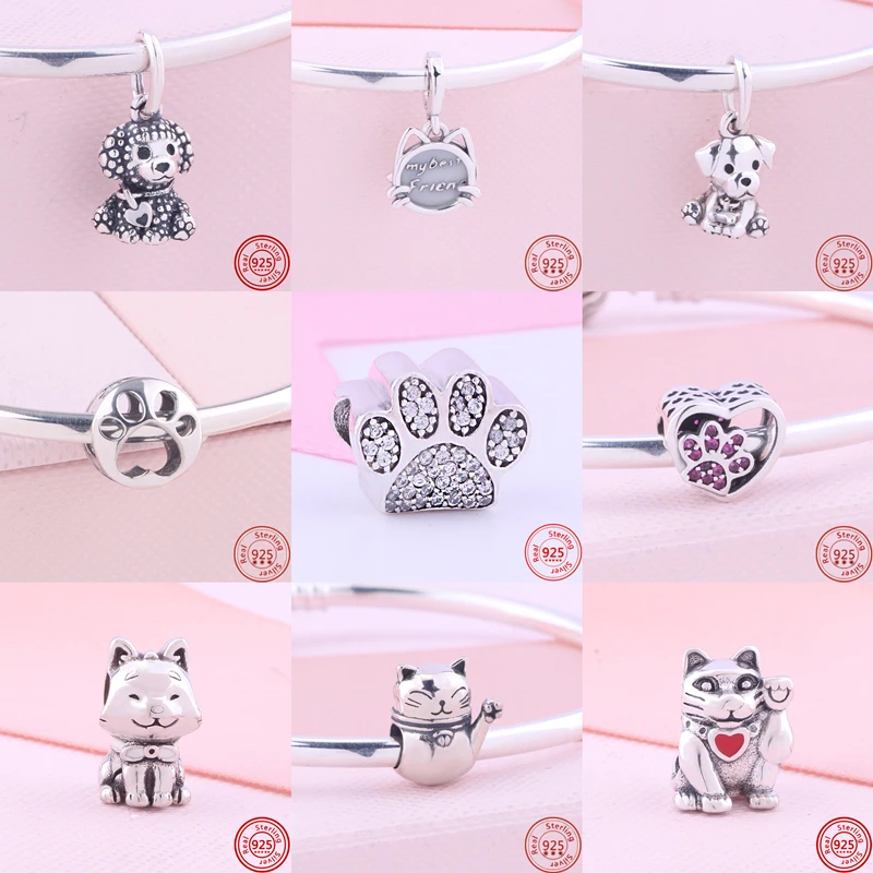 

2024 New Lucky Cat Cute Dog Paw Print Charm Bead Fit Original Pandora 925 Silver Bracelet DIY For Women Girl Jewelry Accessories