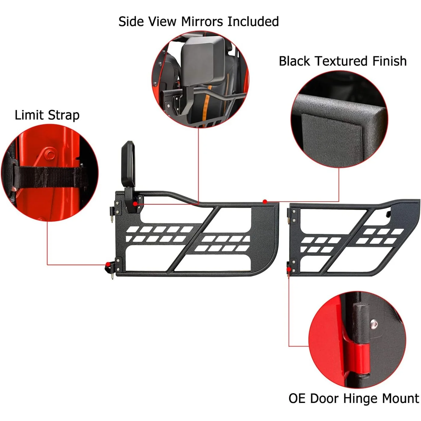 VISHN Half Door For Jeep 2018-2024 Wrangler JL 2-Door Off-Road Safiri Half Door W/ Mirror Black Steel Tubular