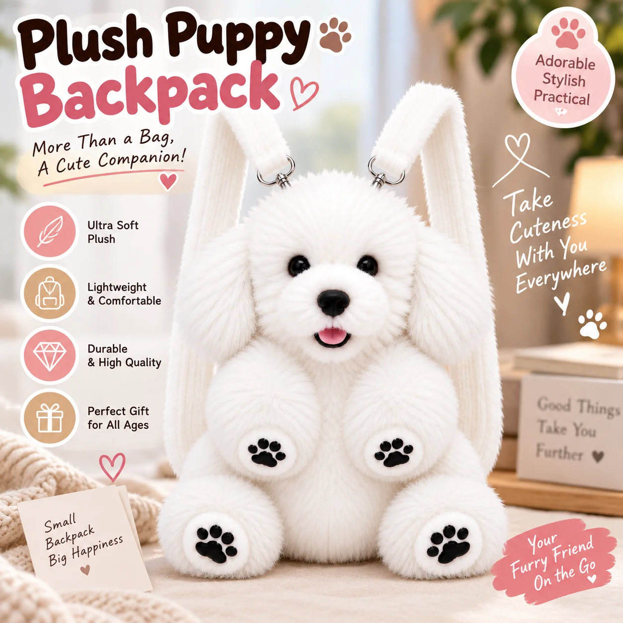 Realistic Bichon Frise Plush Backpack Cute White Puppy Stuffed Animal Bag Kawaii Shoulder Bag for Girls Women