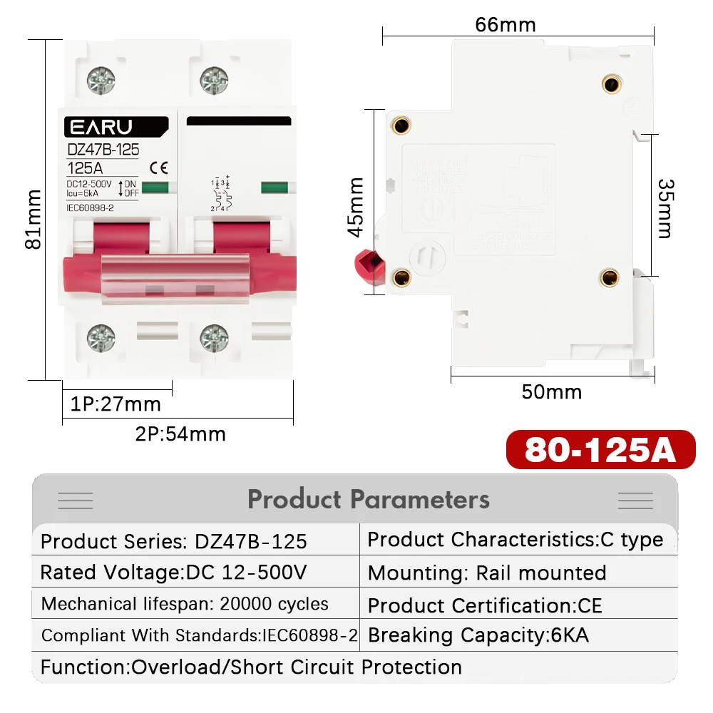 Protecteur de batterie de voiture MCB DC, mini disjoncteur, pôle positif et négatif, interrupteur de rotation, isolateur, DZ47, DC, 12V, 24V, 48V, 36V