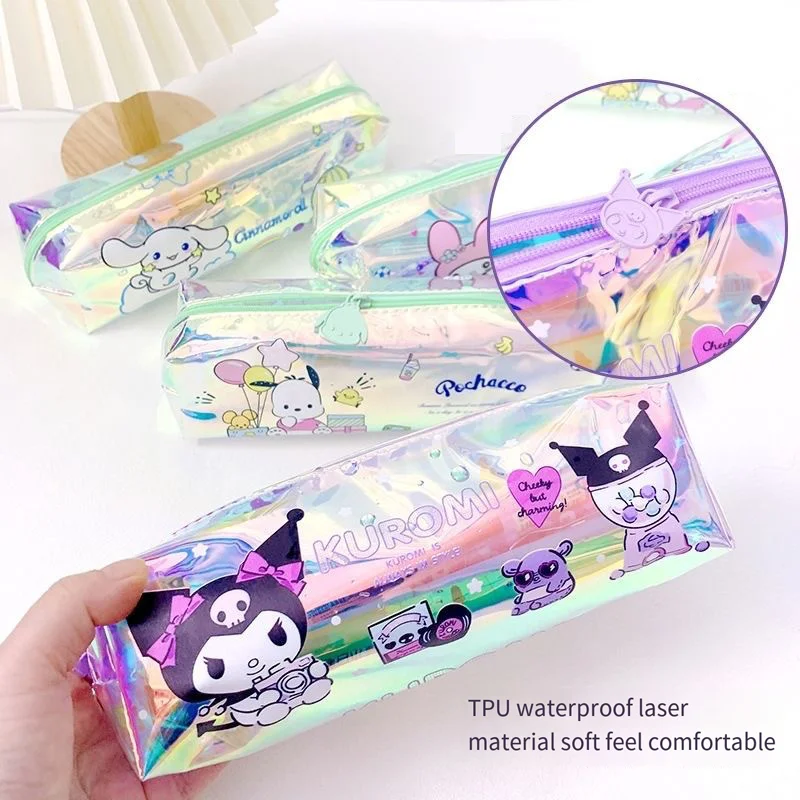 Sanrio Kuromi Pencil Bag Cinnamoroll Pencil Cases No Interlayer Transparent Water Proof Student Stationery Cartoon Anime Gifts