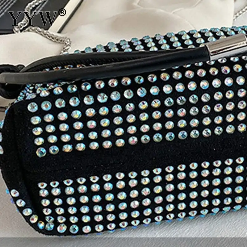 Women\'s Rhinestones Handbags PU Leather Top Handle Diamond Zipper Underarm Purse Metal Chain Crossbody Shoulder Messenger Bag