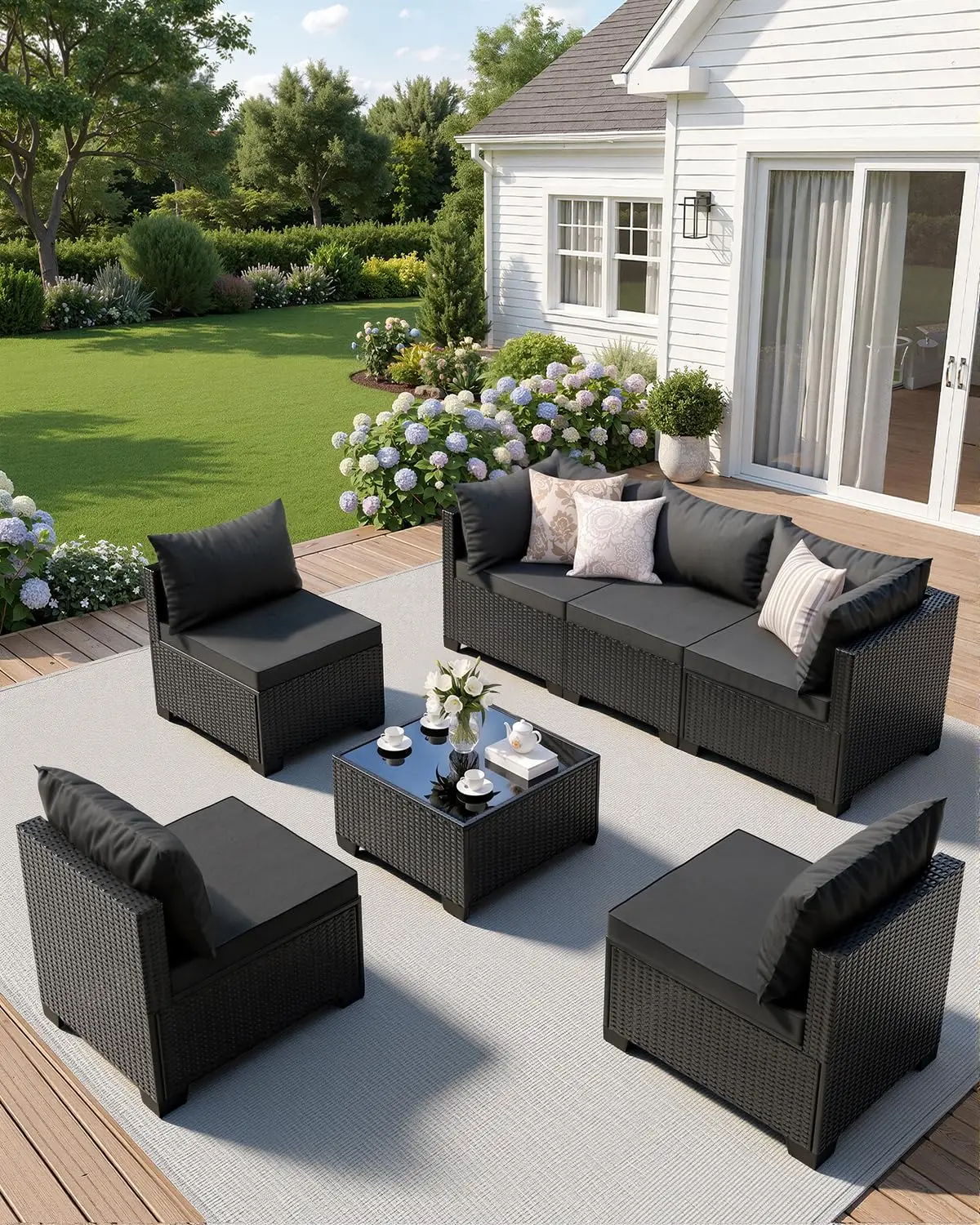7 Piece PE Wicker Modular Sectional Sofa Water-Resistant Cushions Backyard Porch Poolside Garden, Customized