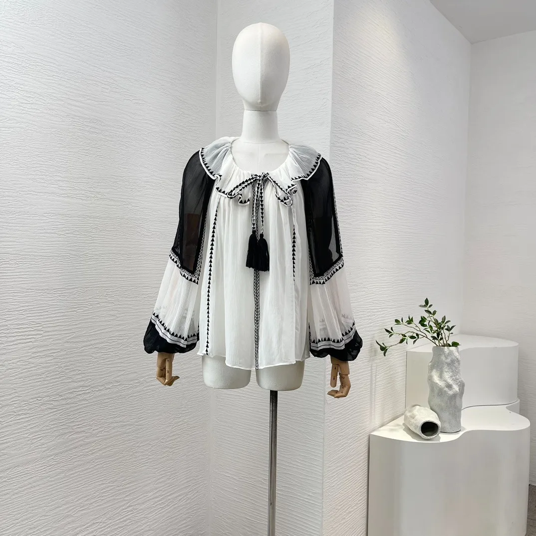 

Silk White Black Lantern Long Sleeve Ruffle Collar Tassels Blouse Elegant Fashion Women 2024 Spring Summer High Quality Clothing