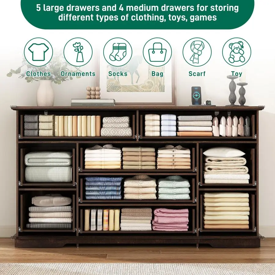 Commode à 9 tiroirs pour chambre à coucher, commode en bois 63 avec prises de courant, grandes commodes larges pour chambre à coucher, hauteur S