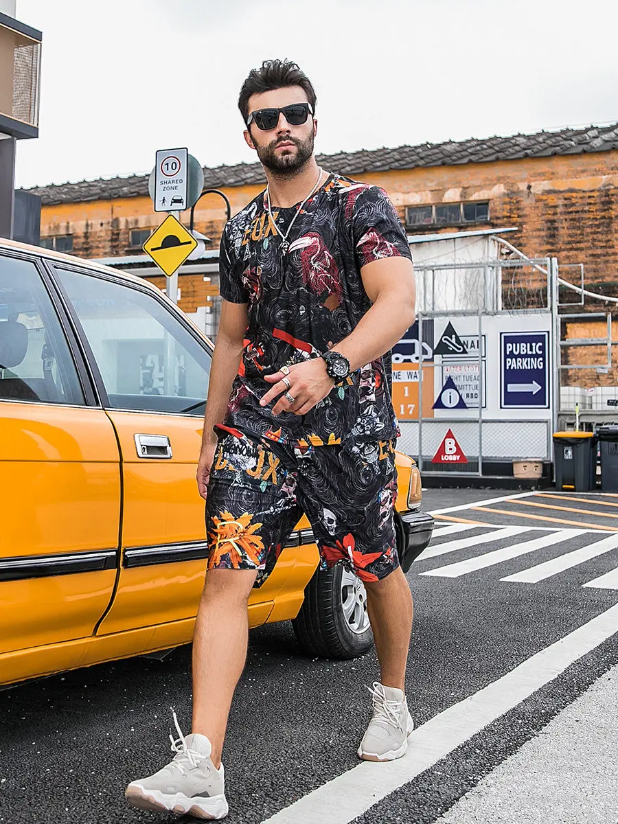 2025 Summer New Thin Loose Casual Letter Plant Print Red Blue Green Black Short Sleeve T-Shirt and Elastic Shorts Two-Piece Set