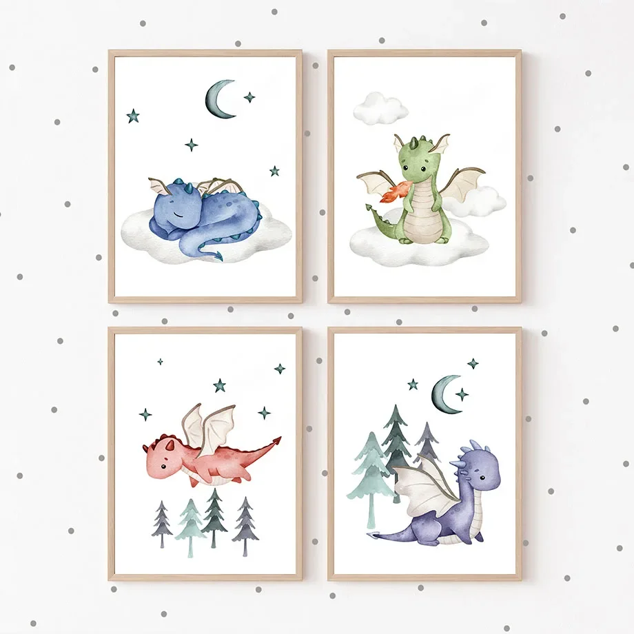 Multi-size 1PC frameless high-definition decorative paintings,Boho Nursery Dragon Castle Stars Moon Clouds Wall Art Canvas Paint