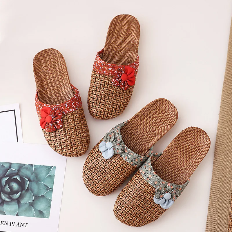 2022 New Linen Slippers Women Summer Bamboo Mats Home Slippers Wooden Floor Shoes Women Eva Soft Sole Beach Slippers Shoes Women