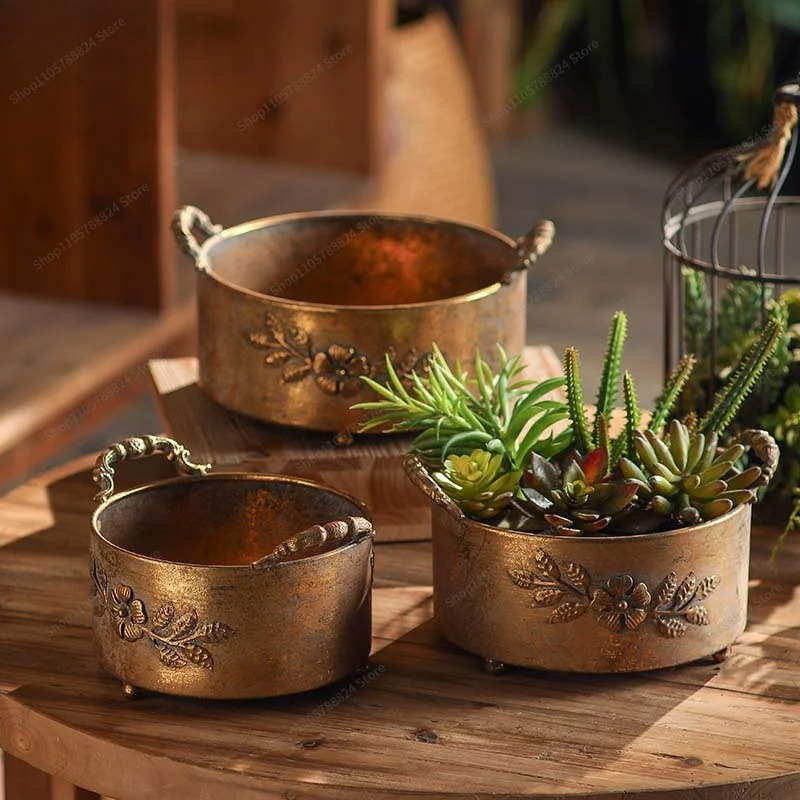 For retro and old metal flower pot set, carved binaural succulent flower pot balcony decorative flower ornament