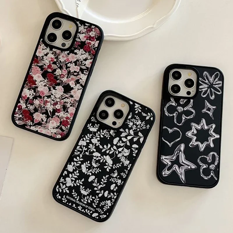 

Korean Museum Flower MagSafe Black Frosted Phone Case Cover for IPhone 13 14 15 Pro Max Case